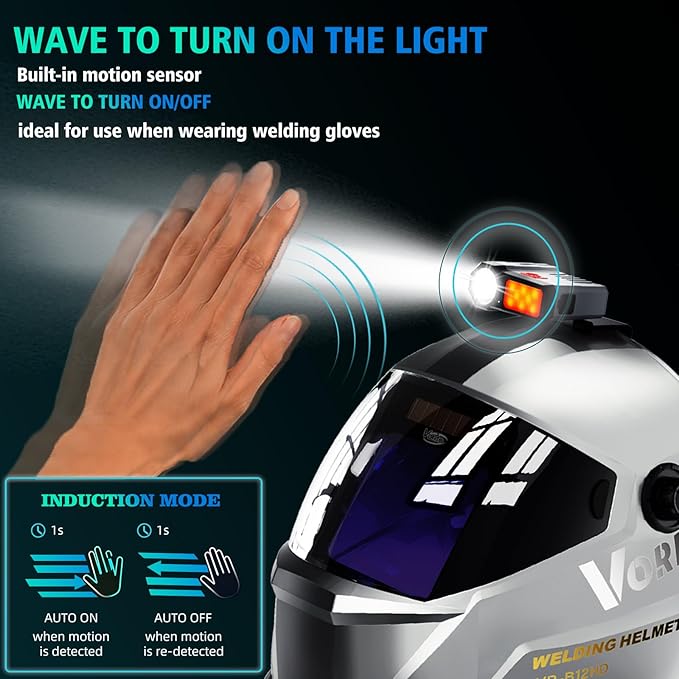 Large View True Color Auto Darkening Welding Helmet with LED Light - Solar Powered, 4 Arc Sensors, 1/1/1/1 Optical Clarity, Wide Shade 4/5-13 for TIG MIG ARC Grind