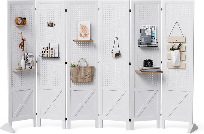 VINGLI Freestanding Pegboard with Support Feet, 5 FT Wood Room Divider Display Board Organizer, Folding Privacy Screen Partition Space Separator for Craft Shows Events Retail (White, 6 Panel)
