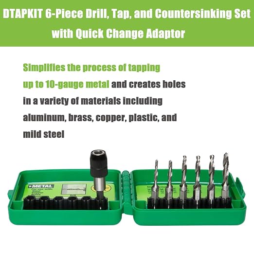 DTAPKIT Metal Drill/Tap Kit for Greenlee，6-Piece Drill, Tap, and Deburring/Countersinking Set with Quick Change Adaptor，6-32 - 1/4-20 Drill and Tap Set