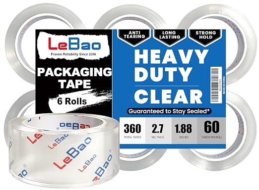 Heavy Duty Packing Tape Refills for Tape Gun Dispenser, 6 Rolls 1.88 inch Packing Tape Refill, 60 yd. x 2.7MiL HD Clear Roll Packaging Tape for Shipping Moving Postal Parcel Mailing