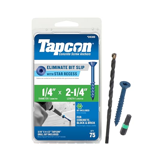 Tapcon 1/4 x 2-1/4 Inch Blue Climaseal® Star Head Concrete Anchors, 75 PCS, Corrosion Resistant Coating, Heavy-Duty Concrete and Masonry Screws, Superior Holding Strength, Drill & T-30 Bit Included