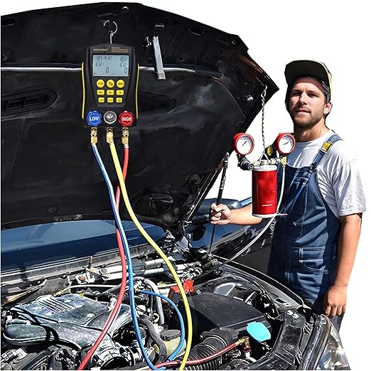 Pro-Grade Digital Manifold Gauge Set – HVAC Gauges AC Refrigerant Diagnostic Tool w/112 Refrigerant Database, Dual Temp & Pressure Sensors, Leak Test, Backlit LCD
