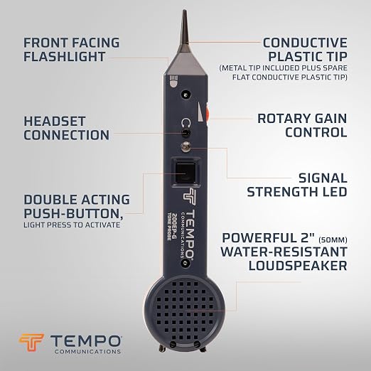 TEMPO 200EP-G Professional Wire Tracer Probe with Headset Jack, Flashlight, LED, Conductive Tip, Wire Toner & Cable Tracer