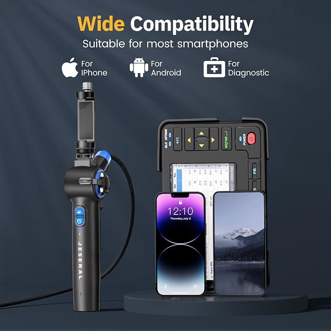 Articulating Borescope 2-Way 210°- JESERAL 8.5mm Lens Endoscope camera with 6 light, HD1080P Inspection Camera with Steering Probe, Compatible with Android&iOS Phone, scope with 3.3FT Semi-Rigid Cable