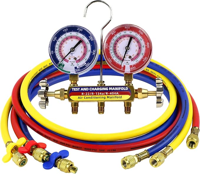 2026 Upgrade 42004 Test and Charge Manifold with 3-1/8" (80 mm) Gauge, for R-22/ 404A/ 410A, 1/4" to 1/4" Standard Flare Fittings with 60" HVAC Hoses, Gauge with Colored Label, Hvac Gauges with Hoses