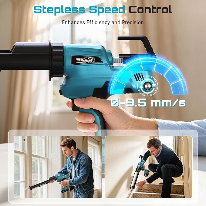 SEESII Electric Caulking Gun 29oz, Cordless Caulk Gun with 2x 2000mAh Battery, Stepless Speed, Anti-Drip, Led Light, Battery Powered Caulking Gun for Filling, Sealing