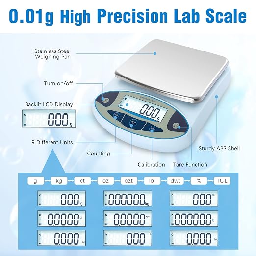 FOUR E'S SCIENTIFIC Lab Scale 5000g x 0.01g Accuracy, Laboratory Analytical Balance Scientific Scale Kitchen Scale