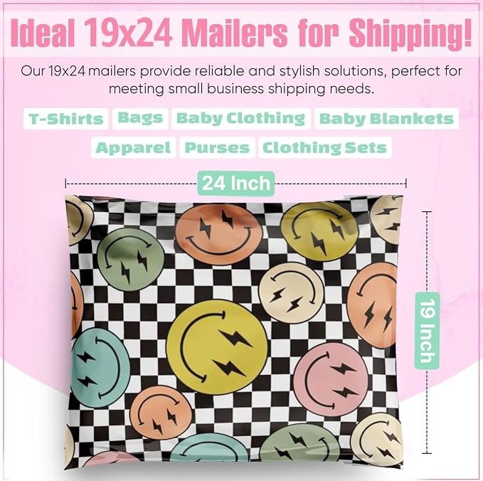 Package Mint 19x24 Poly Mailers - 25 Pack Smiles Checkerboard Design - Waterproof and Tear-Resistant Mailing Bags with Self-Adhesive Seal - Versatile Shipping Bags for Clothes and Accessories