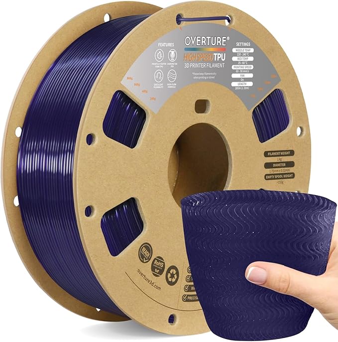 OVERTURE High Speed TPU 95A Flexible 3D Printer Filament 1.75mm | High Elasticity & Durability Filament,1kg Spool(2.2lbs),Fit Most FDM Printer(HS TPU Translucent Purple)