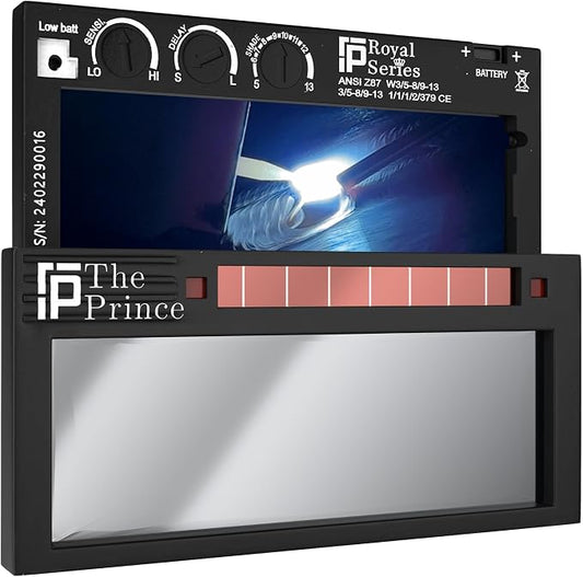 The Prince 1.0 | Shade 5-13 Adjustable Silver Auto Darkening Welding Lens | 2" x 4 1/4" x 0.33" | Adjusts From Shades 5-13 | Silver Front - Light Blue Weld View | Ridge Products Royal Series