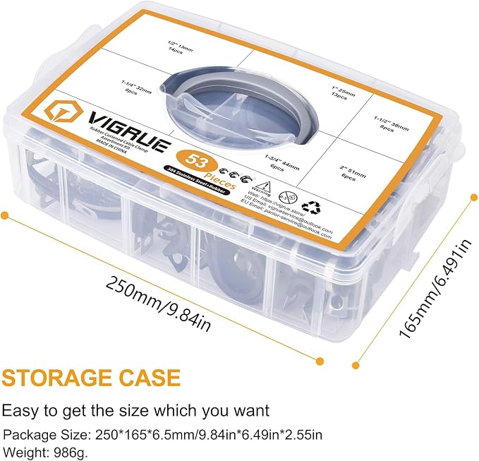 VIGRUE Cable Clamps Assortment Kit, 53PCS Large Rubber Pipe Clamps 304 Stainless Steel Rubber Cushion Wire Clamps in 6 Sizes 1/2'' 1'' 1.25'' 1.5'' 1.75'' 2''