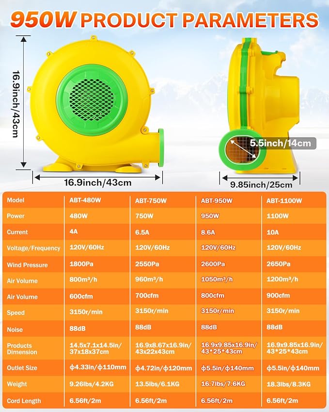 High-Power 950W 1.25HP Inflatable Commercial Air Blower for Outdoor Bounce Houses, Water Slides air Sofas, Paint Booth and Other Suitable Large Outdoor inflatables Electric Air Pump Fan