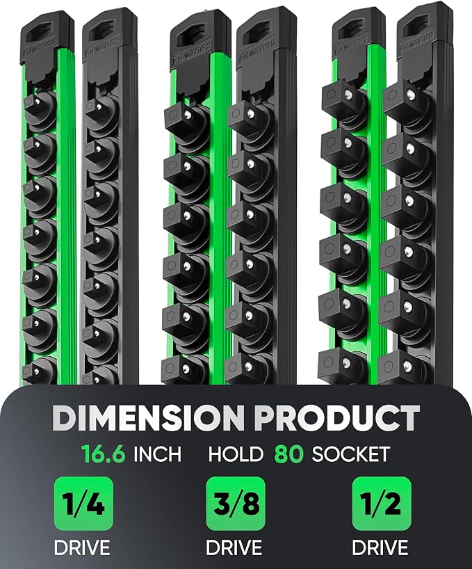 ALOANES Magnetic Socket Organizer Set, 6PC Heavy Duty Aluminum Socket Holder Organizer, 360° Swivel Clips Socket Holder Kit for Toolbox Drawer Fit 1/2, 3/8, 1/4-Inch x 80 Clips (Green&Black, 6PC)