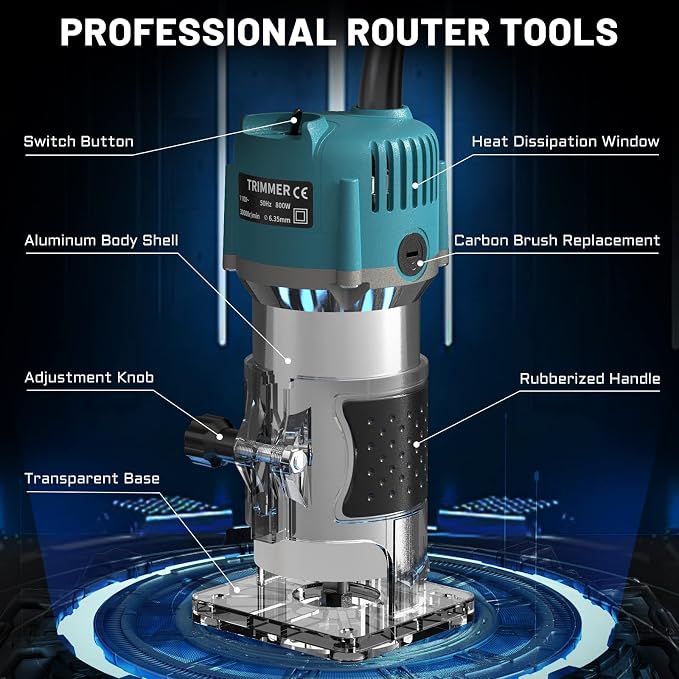 TwoWin Router Tool, 110V-120V 800W Compact Wood Router Tool for Woodworking, Electric Hand Trimmer 1/4" Collets Palm Wood Router Tools Laminate Trimmer + Tungsten Carbide Router Bits 15-Piece Set