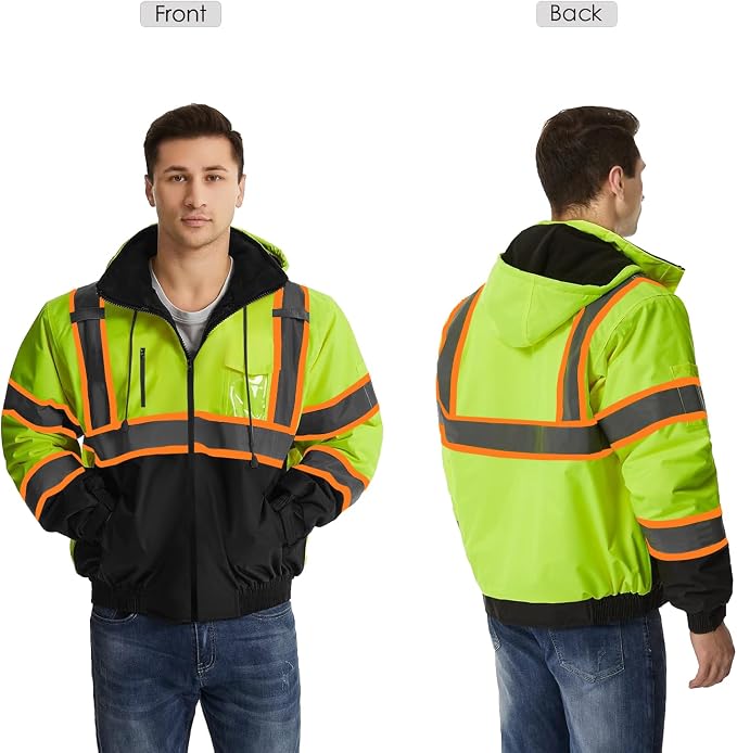 SKSAFETY High Visibility Reflective Jackets for Men, Waterproof Class 3 Safety Jacket with Pockets, Hi Vis Yellow Coats with Black Bottom, Mens Work Construction Coats for Cold Weather, S,Yellow