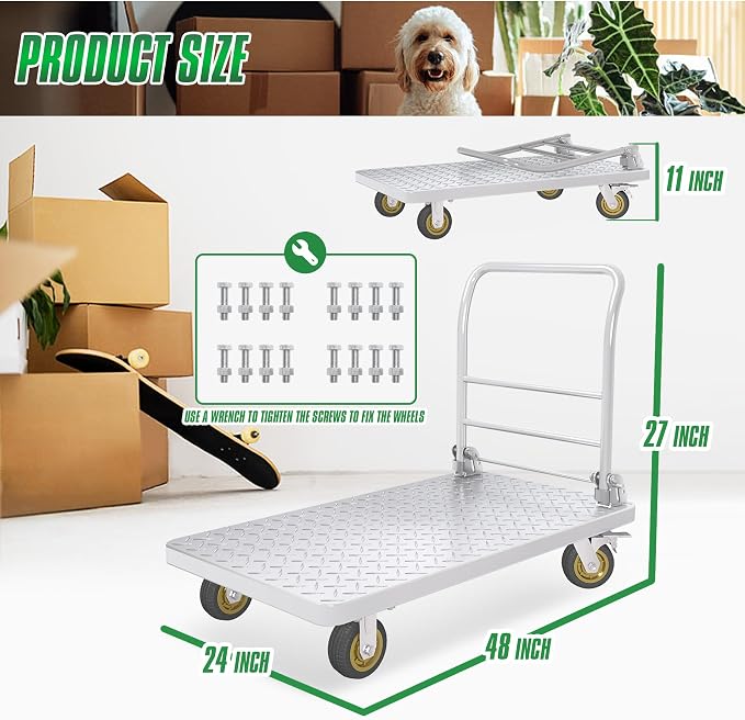 Platform Truck with Brake System 2600lbs Capacity Heavy Duty Push Cart Dolly Foldable Flatbed Cart with 5'' Swivel Wheels Large Steel Platform Dolly Cart for Groceries, Garage, Warehouse (24" x 48")