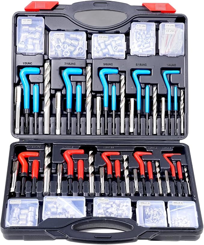 VEVOR Helicoil Thread Repair Kit-338-Piece SAE HSS Drill Inserts Taps & Tools M5,M6,M8,M10,M12,1/4",5/16",3/8",7/16",1/2" Rethreading Tool Kit Insertion Rethreading Tools Universal Rethread Restorer