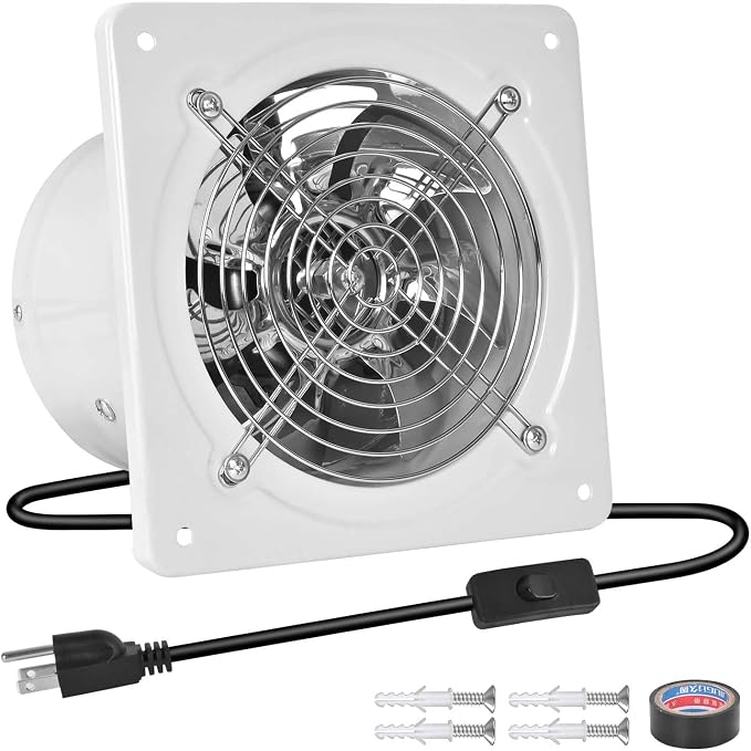10-inch wall-mounted kitchen metal exhaust fan with switch, 382-576CFM, portable installation, with return air valve, suitable for attic, garage, bathroom, office, basement ventilation, White