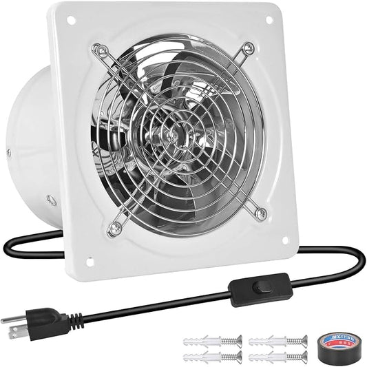 10-inch wall-mounted kitchen metal exhaust fan with switch, 382-576CFM, portable installation, with return air valve, suitable for attic, garage, bathroom, office, basement ventilation, White