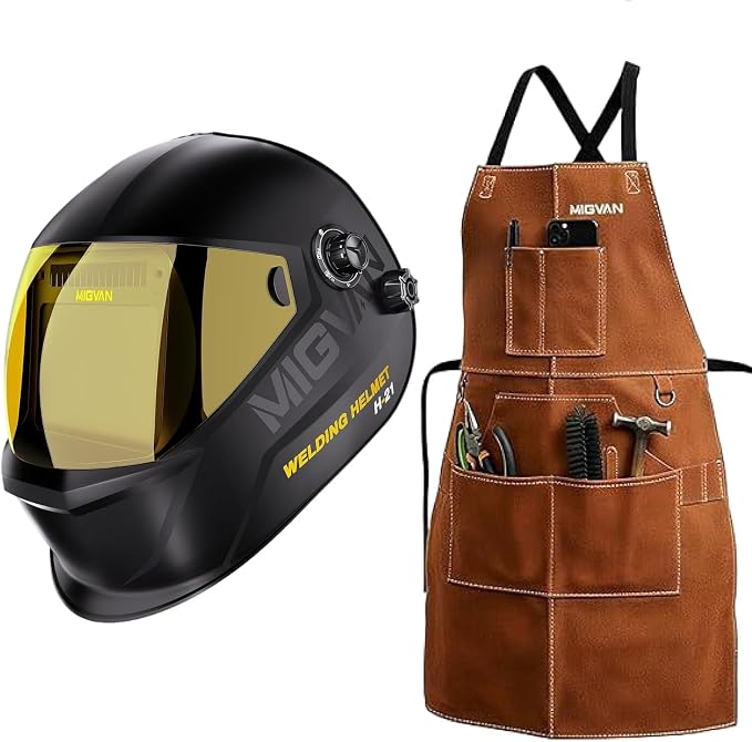 Welding Helmet Auto Darkening H-21 with Leather MIG Welding Work Apron, Welding Hood True Color & Heat Flame Resistant Apron