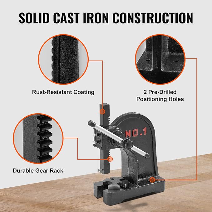 VEVOR Arbor Press, 1 Ton Manual Arbor Press, 5.9" Maximum Height, Cast Iron Heavy-duty Manual Desktop Arbor Press, Precision Hand Press for Stamping, Bending, Stretching, Forming