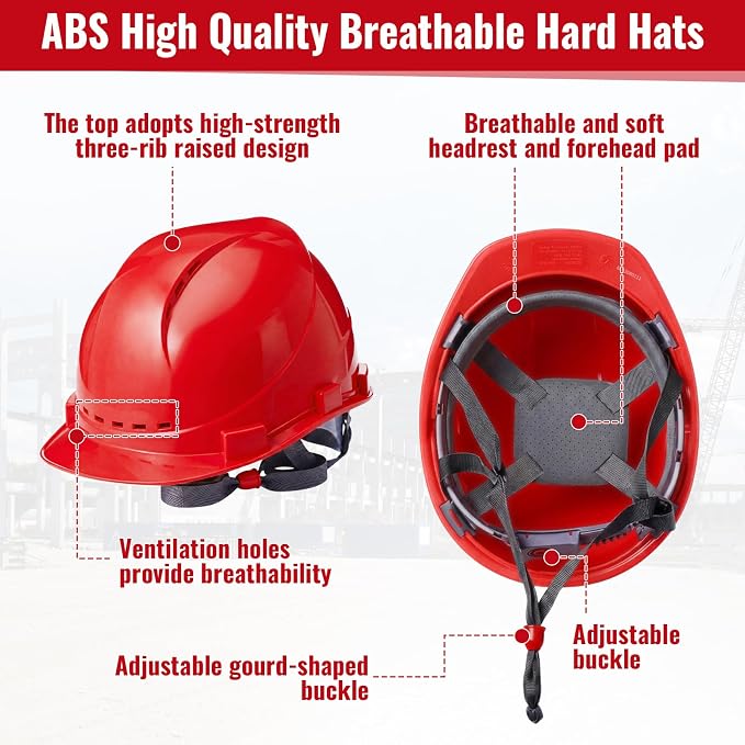 Mumufy 18 Pcs Suspension Hard Hats Safety Helmets Vented Cap Style Helmet with High Visibility Vest Mesh Reflective Anti Fog Safety Goggles Adjustable Temples for Construction Work (Red)