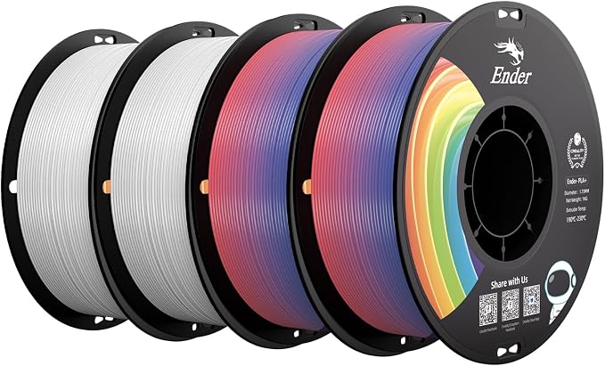 Creality PLA+ Filament 1.75mm 4KG, 3D Printer Filament 4 Pack 1kg Cardboard Spool, Strong Toughness,Multi-Color 3D Printing Filament for Most FDM Printers(2 White 2 Rainbow)