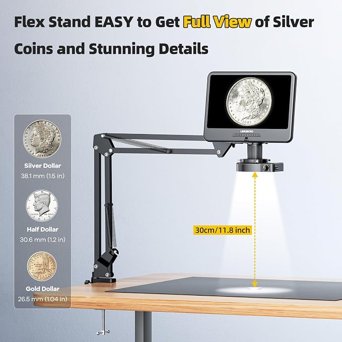 LM109A 10.1'' Digital Microscope with Flex Arm Stand, Soldering Microscope for Adults Electronics, 56 LED Ring Light, Full View Coins Camera Magnifier 260X, PC View