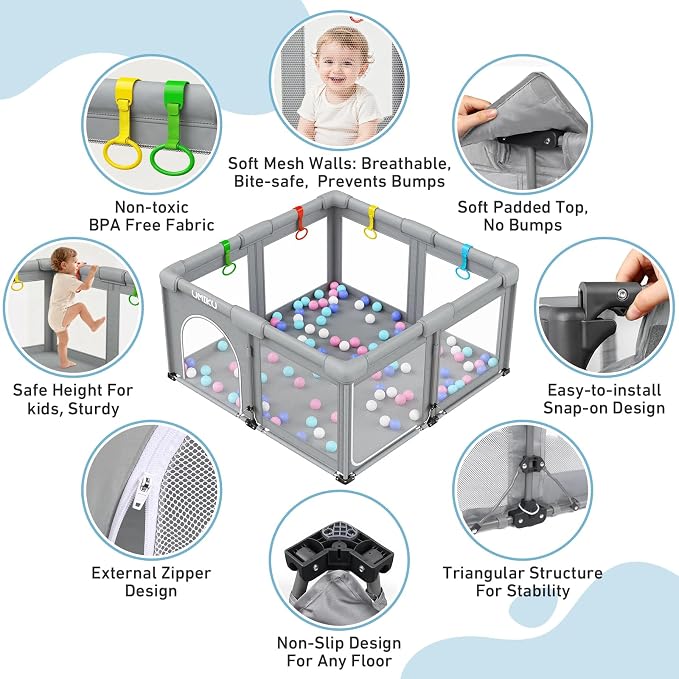 Baby Playpen Foldable Playpen for Babies and Toddlers, Large Playpens Portable Play Pen Safety Area for Kid Fence Travel Indoor Outdoor Baby Boy Girl Gifts Newborn Essentials 50"X50" Grey