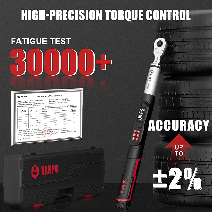 VANPO Digital Torque Wrench 3/8 Inch Drive, 5–99.6 Ft-Lb, for Automotive | High Contrast Backlit LCD, Fast-Adjust Control, Vibration, Buzzer, LED Alert, Electric Torque Wrench for Motorcycle & Bike