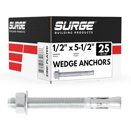 1/2" x 5-1/2" Zinc-Plated Wedge Anchors for Concrete and Cement | Heavy-Duty 1/2 Concrete Anchor Bolts (Box of 25)