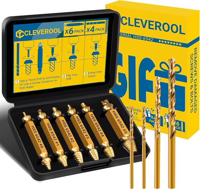 10 PCS Damaged Screw Extractor Set, 6 PCS HSS 6542 Screw Extractor Remover Kit and 4 PCS Twist Drill Bit Kit for Stripped Screws & Drill Bit Tools, Gifts for Men
