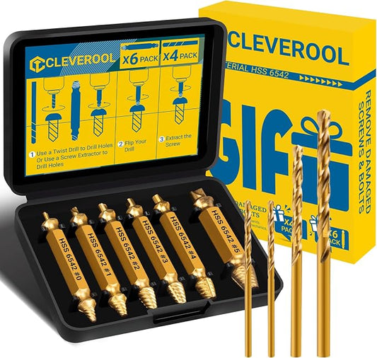 10 PCS Damaged Screw Extractor Set, 6 PCS HSS 6542 Screw Extractor Remover Kit and 4 PCS Twist Drill Bit Kit for Stripped Screws & Drill Bit Tools, Gifts for Men