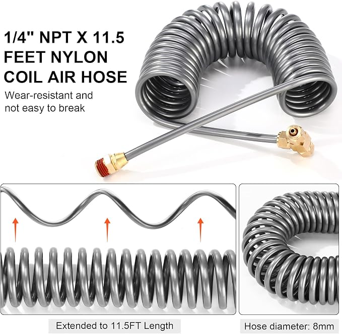4 Set Air Blow Gun Kit with 11.5 ft Nylon Hose Heavy Duty Truck Air Seat Blow Gun Kit with 2 Interchangeable Nozzle Tips for Semi Truck 1/4 Inch Npt for Tractor Dust Clean(Gray,Brass)