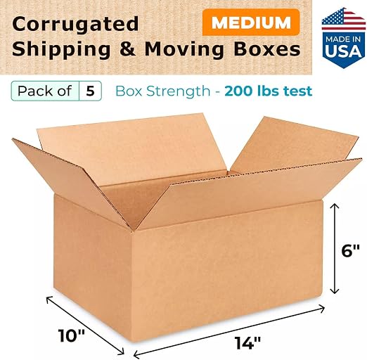Medium Moving & Shipping Boxes 14 x 10 x 6 inches (5-Pack) - Extra Strength 200 lb vs Regular - USA-Made Corrugated Strong Cardboard Boxes - Packing Box - Shipping Box by IDL Packaging