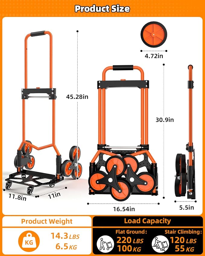 Folding Stair Climbing Dolly, 220Lbs Capacity, Portable Dolly Cart with 10 Wheels and Telescoping Handle, Lightweight Hand Truck Cart for Flat Ground & Stairs, School, Dormitory, Home, Office, Food