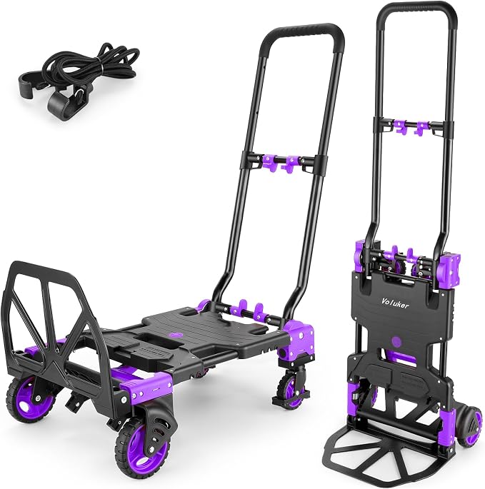 330LB Folding Hand Truck Moving Dolly, Hand Trucks Heavy Duty Combination of 4 Wheels and 2 Wheels Convertible Dolly Cart with Retractable Handle Dolly for Moving Office Carts(Purple)