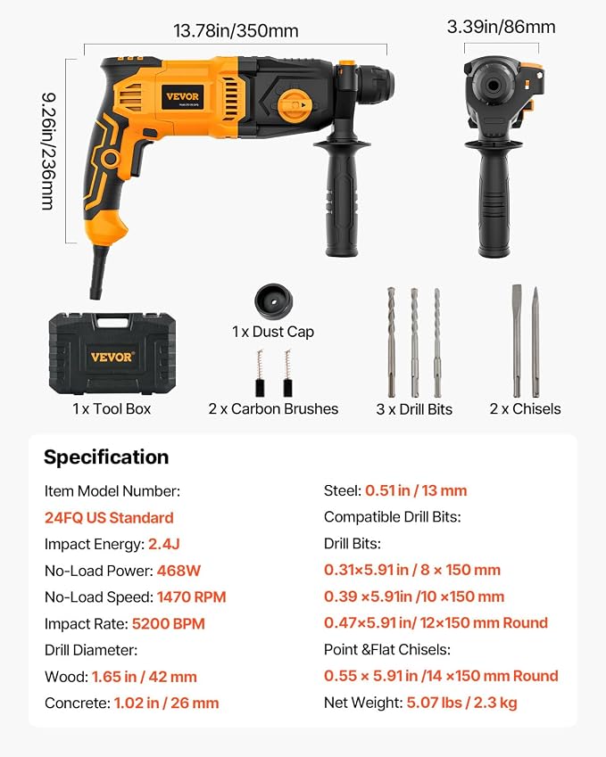VEVOR 1 Inch SDS-Plus Rotary Hammer Drill, 8 Amp Corded Drills, Heavy Duty Chipping Hammers w/Safety Clutch, Electric Demolition Hammers, Taladro Rotomartillo, Power Tool For Concrete