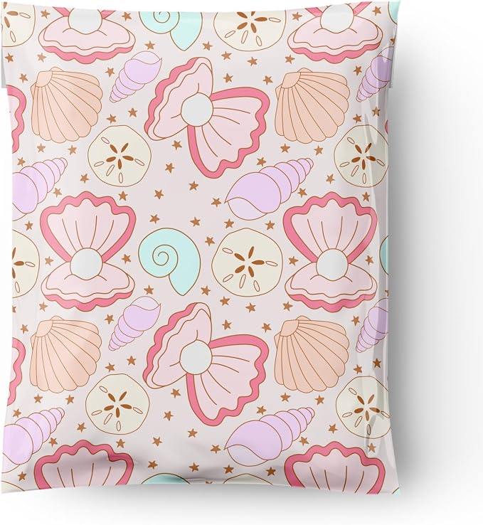 Package Mint Poly Mailers 10x13-100 Pack Coastal Seashells Design Poly Mailer Shipping Bags - Waterproof, Tear-Resistant, Self Adhesive Seal - Decorative Mailing Bags for Clothes and Accessories
