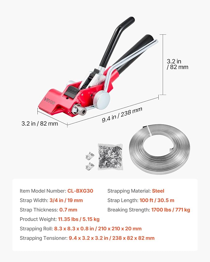 VEVOR Steel Banding Strapping Kit, Heavy Duty Banding Sealer Tool with 100 ft Binding Straps, 100 Metal Clasps, Manual Pallet Packaging Strapping Kit for Warehouse, Transportation, Industrial Bundling