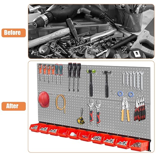 Peg Board Wall Organizer, Gray Metal Pegboard Organizer, 4 Metal Pegboard Panels(12"x24") with 55 Accessories, Wall Mount Large Peg Board Kit with Hooks, Bins for Home, Garage, Workbench