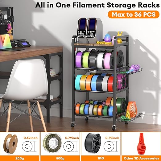 3D Printer Filament Storage Rack- 4 Tiers Filament Spool Holder, Heavy Duty 3D Printing Stand Filament Organizer with 360° Wheels, Metal Filament Stand Shelf for PLA/ABS/TPU/Nylon (Black)
