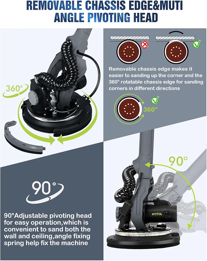 MYTOL Drywall Sander, 7.2A Electric Drywall Sander with Vacuum Dust Collection, 6 Variable Speed 900-1800RPM, LED Light, Foldable & Extendable Handle, 9 Pcs Sandpaper&3 Pcs Grid Sandpaper, Full Green