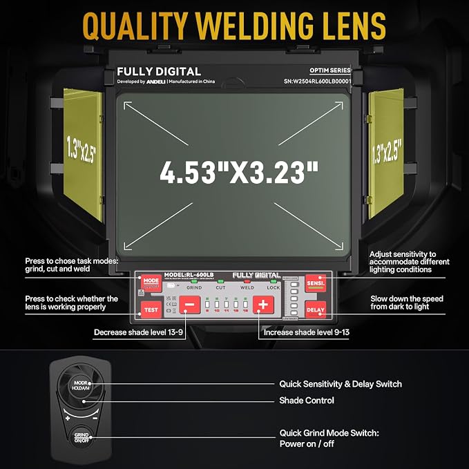 ANDELI Auto Darkening Welding Helmet with Light-Internal Digital Control Filter, 7.2"x3.2" Extra Wide Panoramic View, Type-C Fast Charging True Color Wide Shade 4/5-9/9-13 for Weld Cut Grind