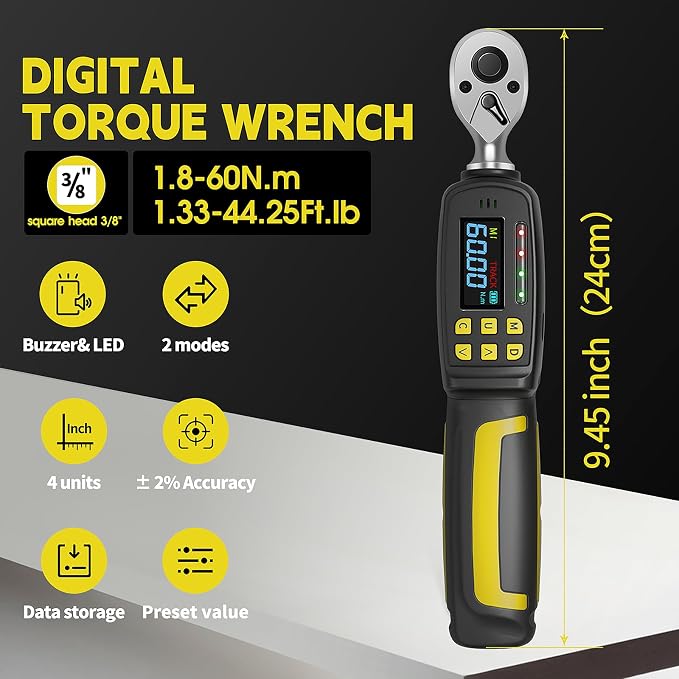 3/8" Drive Digital Torque Wrench, 1.4-44 Ft.lbs (1.8-60 Nm) | ±2% Accuracy Electronic Torque Wrench with Dual Direction Ratchet, Buzzer and LED Indicator, for Motorcycle & Spark Plugs