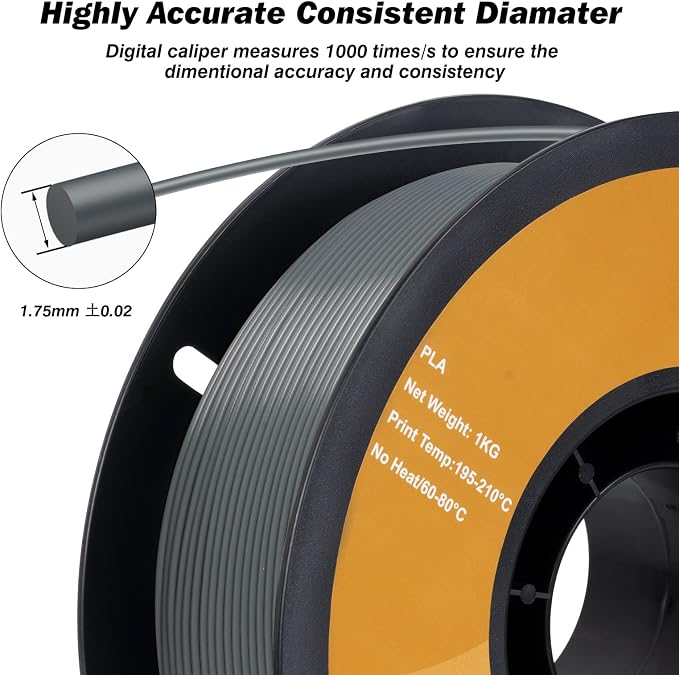 Kingroon PLA 3D Printer Filament, Dimensional Accuracy +/- 0.02 mm, 1 kg Spool(2.2lbs), 1.75 mm，Grey
