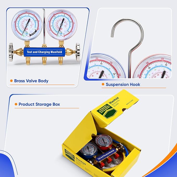 42036 2-Valve HVAC Manifold Gauge Set for A2L Refrigerants R22/R32/R454B/R410A, Refrigerant Gauges 42036 with 3-1/8" Gauges, 60" Plus II Color Hoses