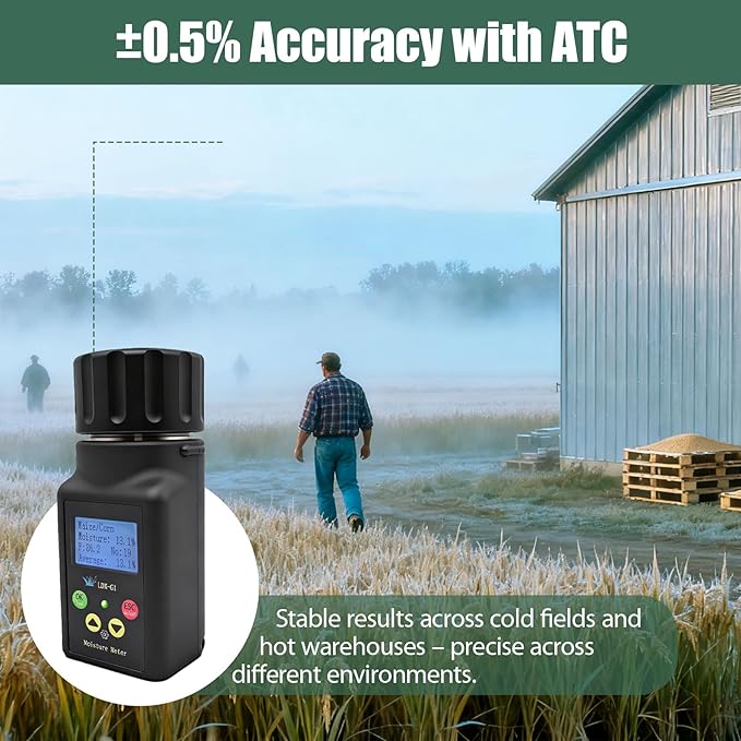 Grain Moisture Tester Agriculture Portable Meter – ±0.5% Accuracy with ATC, Backlit Display & Data Storage, 25 Grains: Corn, Soybean & Paddy Rice, Farmers, Processors & Traders, 10-Language Support