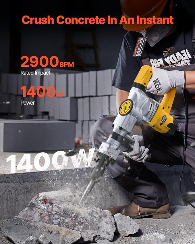 VEVOR Demolition Jack Hammer, 1400W Electric Jackhammer Heavy Duty, 2900 BPM Jack Hammer Concrete Breaker, with 1 Point Chisel, 1 Flat Chisel, Storage Case, Gloves and Goggles, for Demolition
