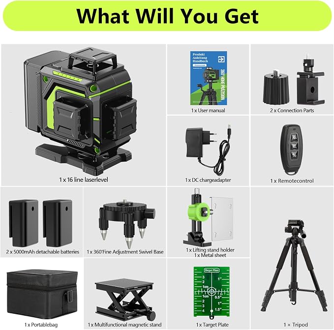 16 Line Laser Level 360 Self Leveling, 4x360°Professional 4D Green Cross Line laser Level with 2 Batteries, Adjustable Brightness & Remote Control, for Tiling Floor Construction and Picture Hanging